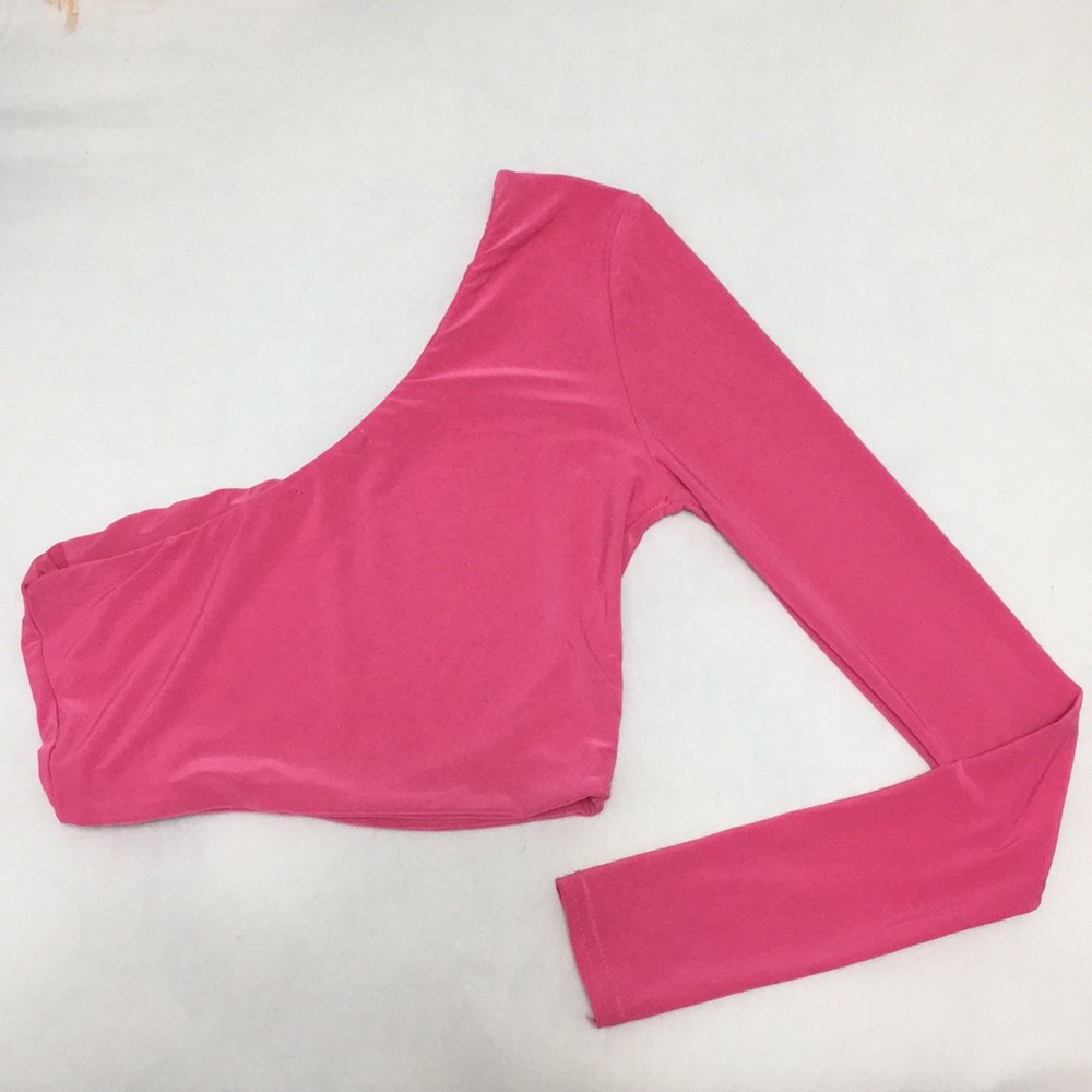 Pink one shoulder long sleeve crop top - Picture 3 of 4